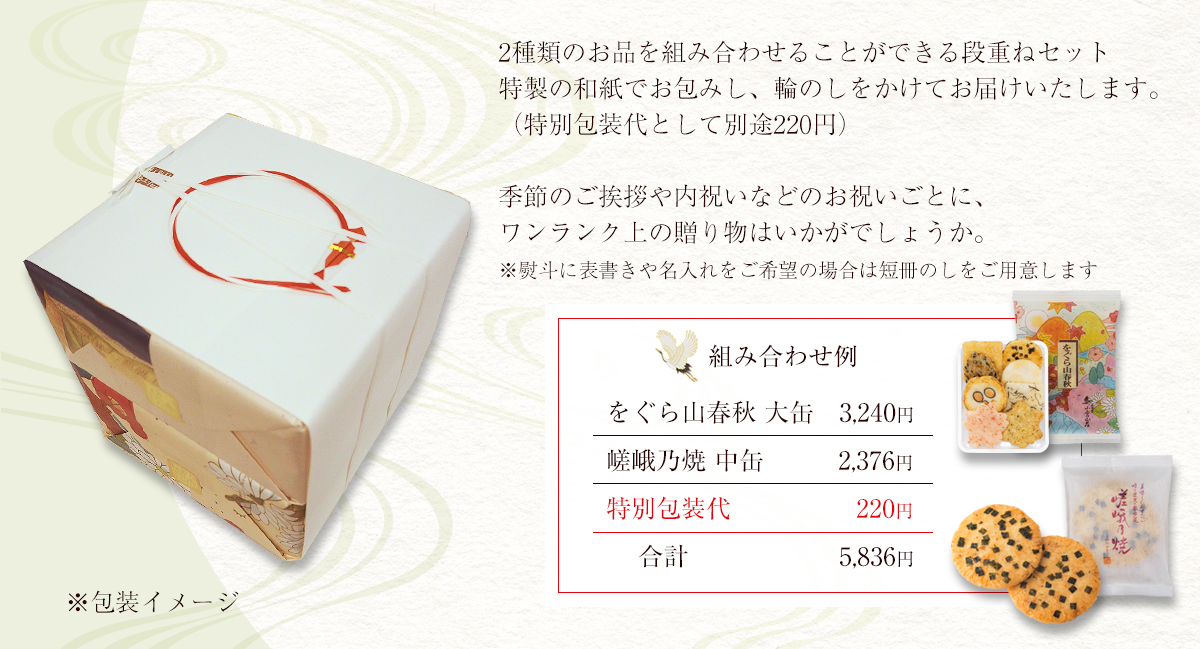 2種類のお品を組み合わせることができる段重ねセット 特製の和紙でお包みし、輪のしをかけてお届けいたします。（特別包装代として別途220円）季節のご挨拶や内祝いなどのお祝いごとに、ワンランク上の贈り物はいかがでしょうか。※熨斗に表書きや名入れをご希望の場合は短冊のしをご用意します。組み合わせ例：をぐら山春秋 大缶3,240円＋嵯峨乃焼 中缶2,376円＋特別包装代220円＝合計5,836円