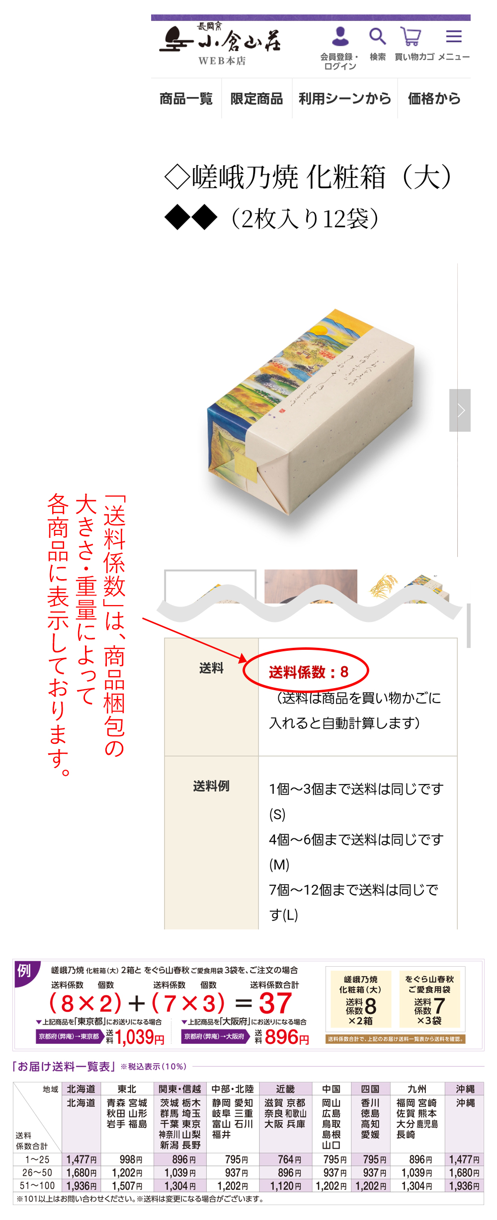 「送料係数」は、商品梱包の大きさ・重量によって各商品に表示しております。