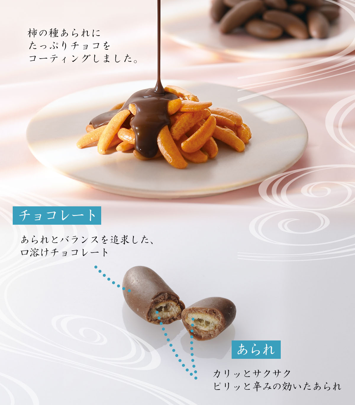 柿の種あられにたっぷりチョコをコーティングしました。【チョコレート】あられとバランスを追求した、口溶けチョコレート。【あられ】カリッとサクサク、ピリッと辛みの効いたあられ。