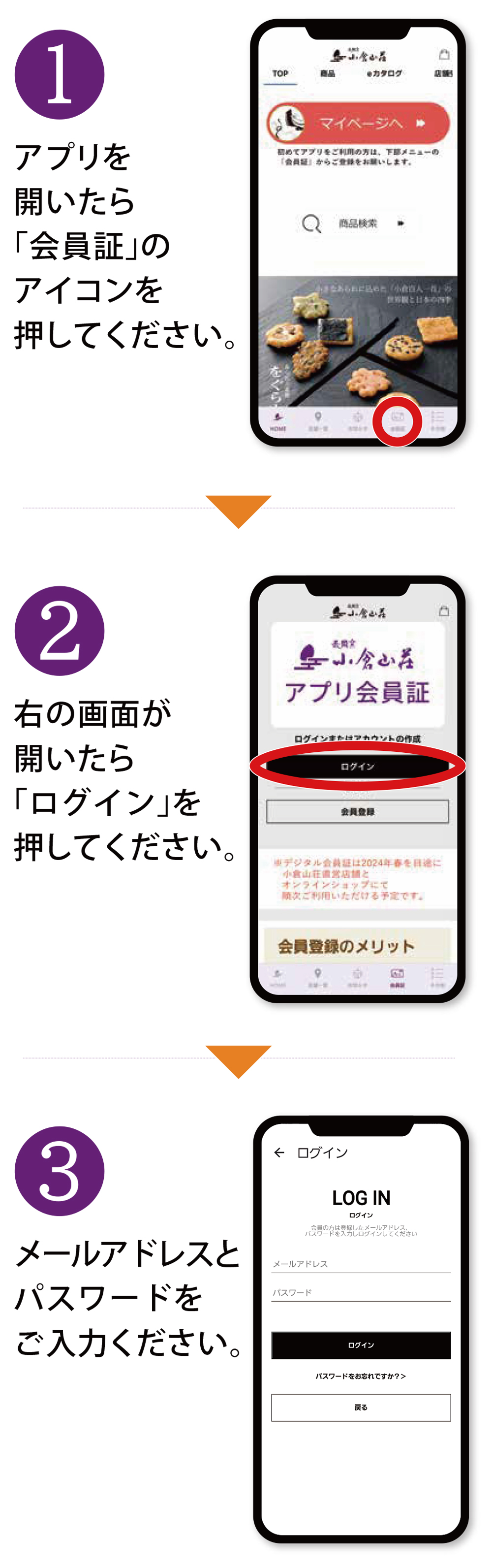 ①アプリを開いたら「会員証」のアイコンを押してください。②「アプリ会員証」画面が開いたら「ログイン」を押してください。③メールアドレスとパスワードをご入力ください。